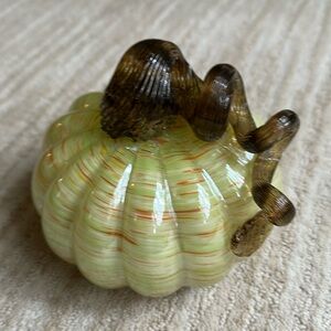 Hand Blown Art Glass Pumpkin Green Orange Flecks Twisted Reeded Clear Stem 5”x4”